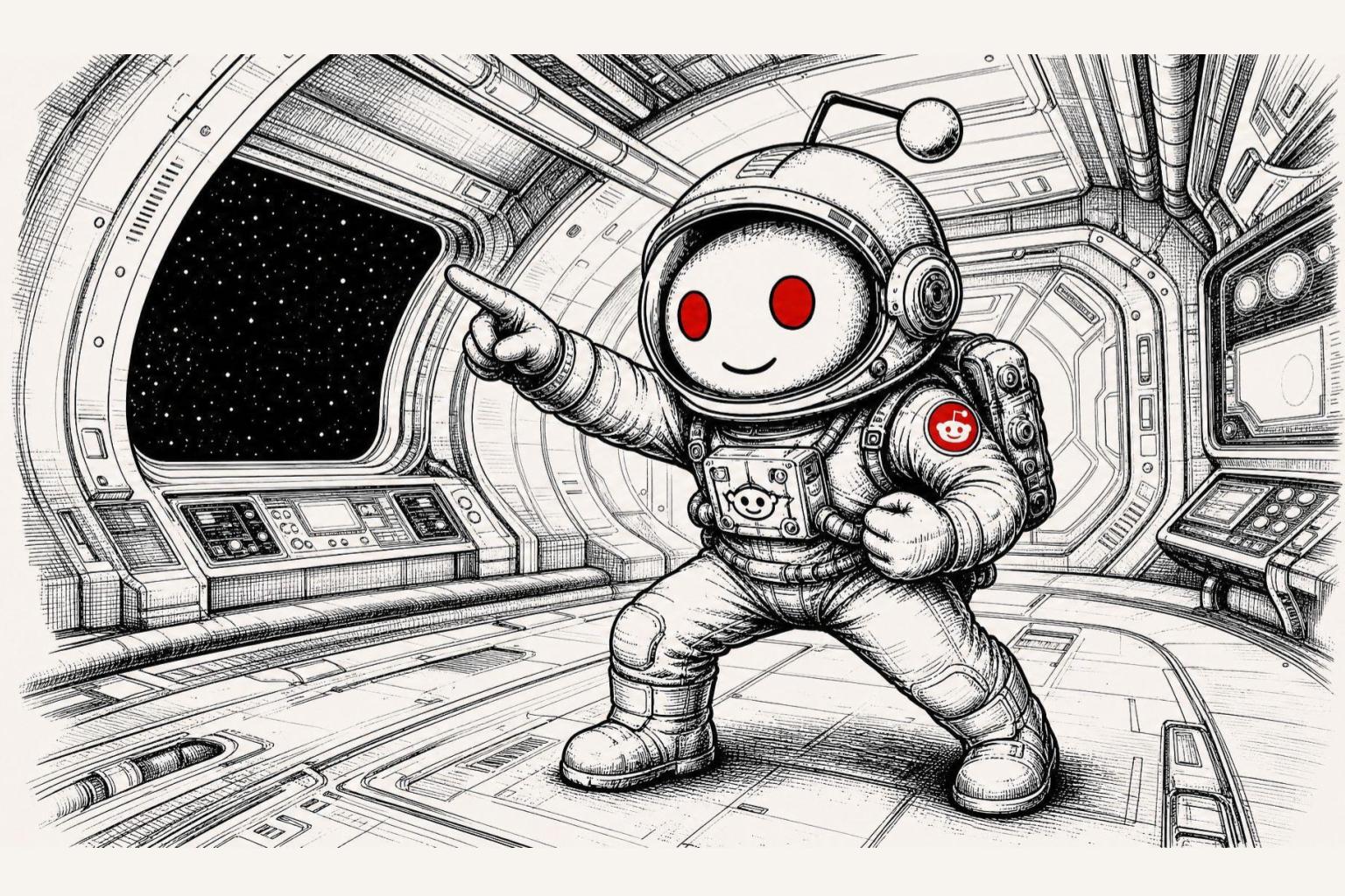 Reddit mascot astronaut pointing toward space inside a spacecraft, representing the buyer journey from problem discovery to purchase.