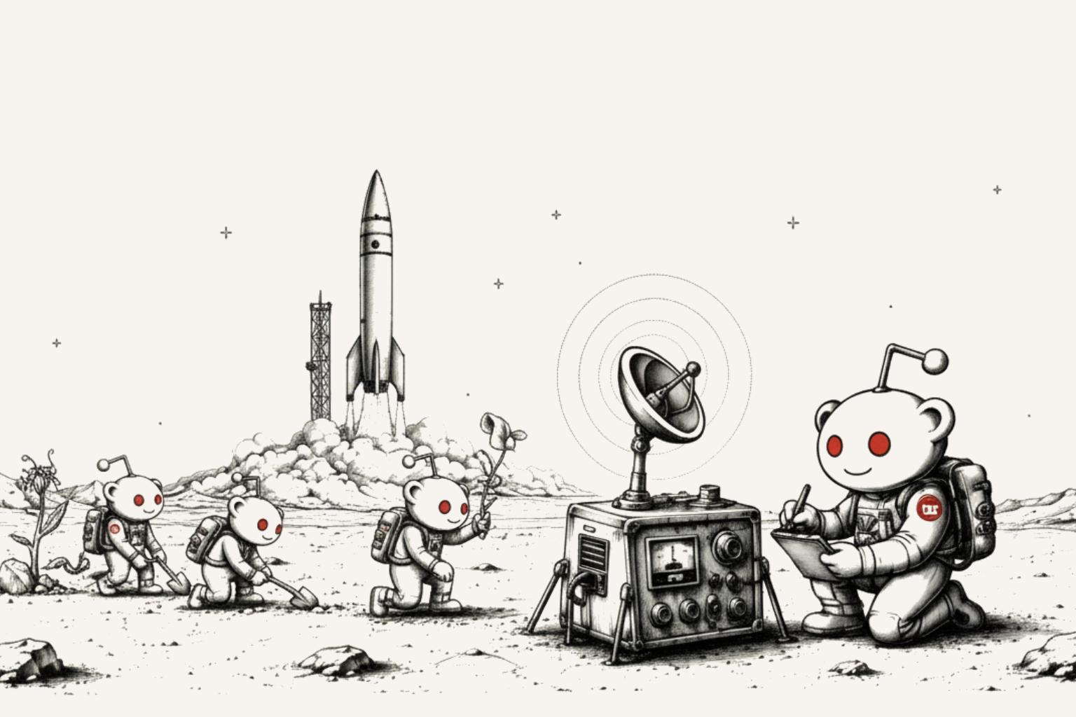 Reddit mascot characters monitoring signals and working on the moon beside a satellite dish and rocket.