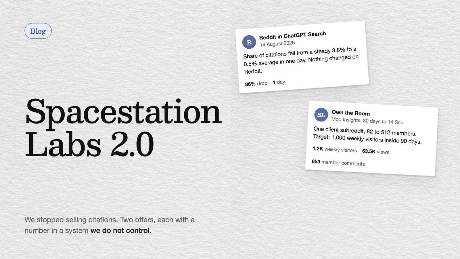 Cover: Spacestation Labs 2.0, with the 14 August 2026 citation drop and a client subreddit's Mod Insights on paper cards