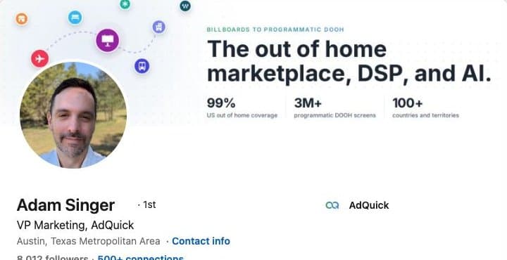 LinkedIn profile header for Adam Singer, showing his banner, portrait and professional headline.