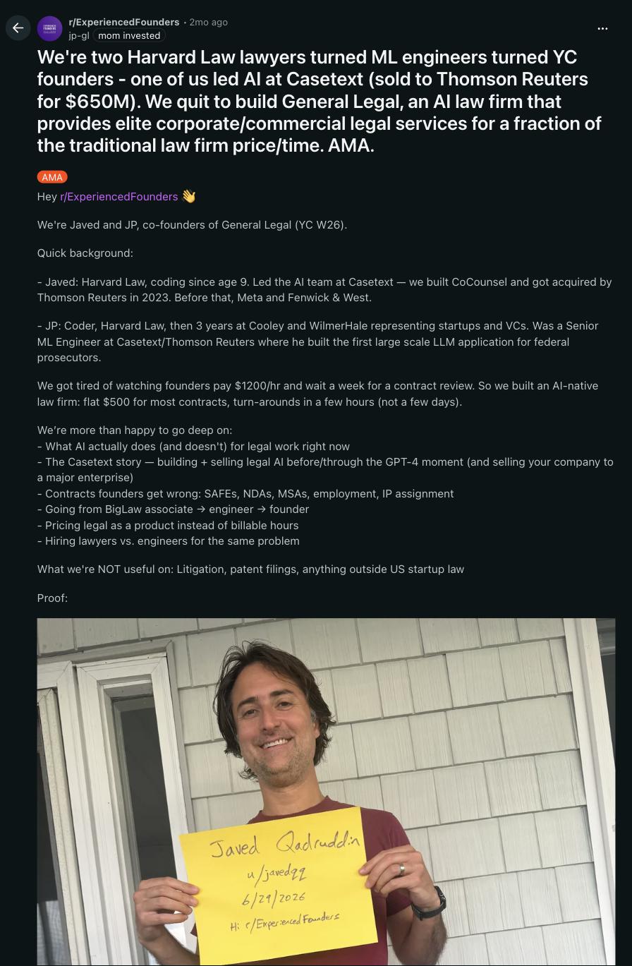 The second r/ExperiencedFounders AMA: co-founders Javed and JP, with the handwritten verification sign