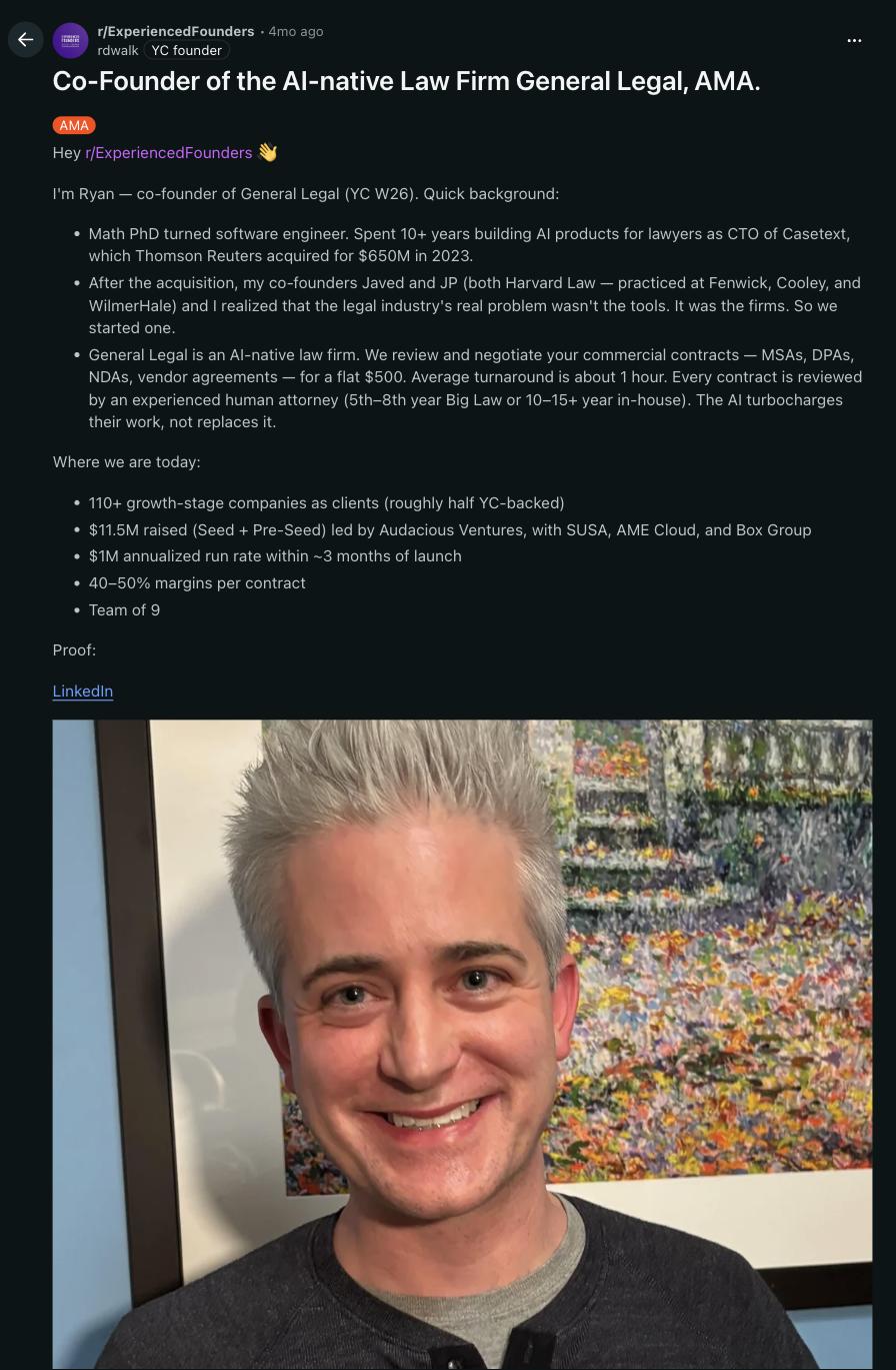 The first r/ExperiencedFounders AMA: co-founder Ryan, the former Casetext CTO, with background, traction numbers and proof photo