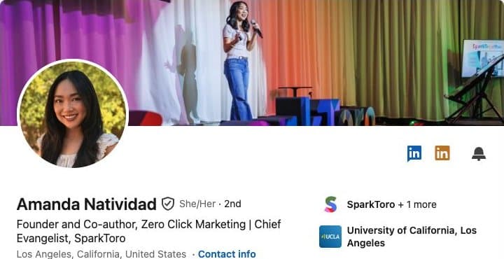 LinkedIn profile header for Amanda Natividad, showing their banner, portrait and professional headline.