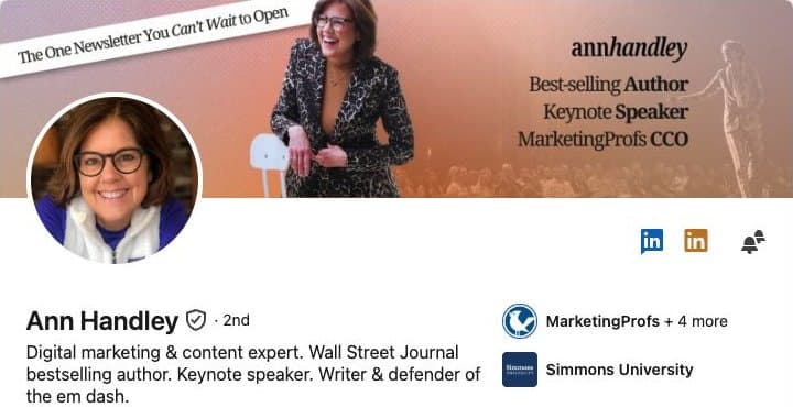 LinkedIn profile header for Ann Handley, showing their banner, portrait and professional headline.