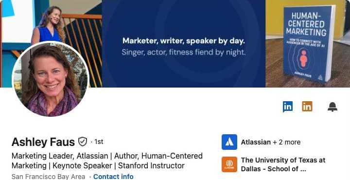 LinkedIn profile header for Ashley Faus, showing their banner, portrait and professional headline.