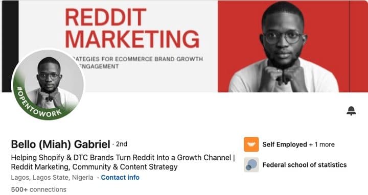 LinkedIn profile header for Bello Gabriel, showing their banner, portrait, name and professional headline.