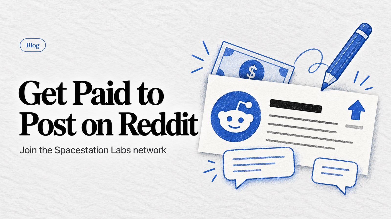 Blue pencil, banknote, upvote arrow, and comment bubbles surround an illustrated Reddit post beside the headline Get Paid to Post on Reddit.