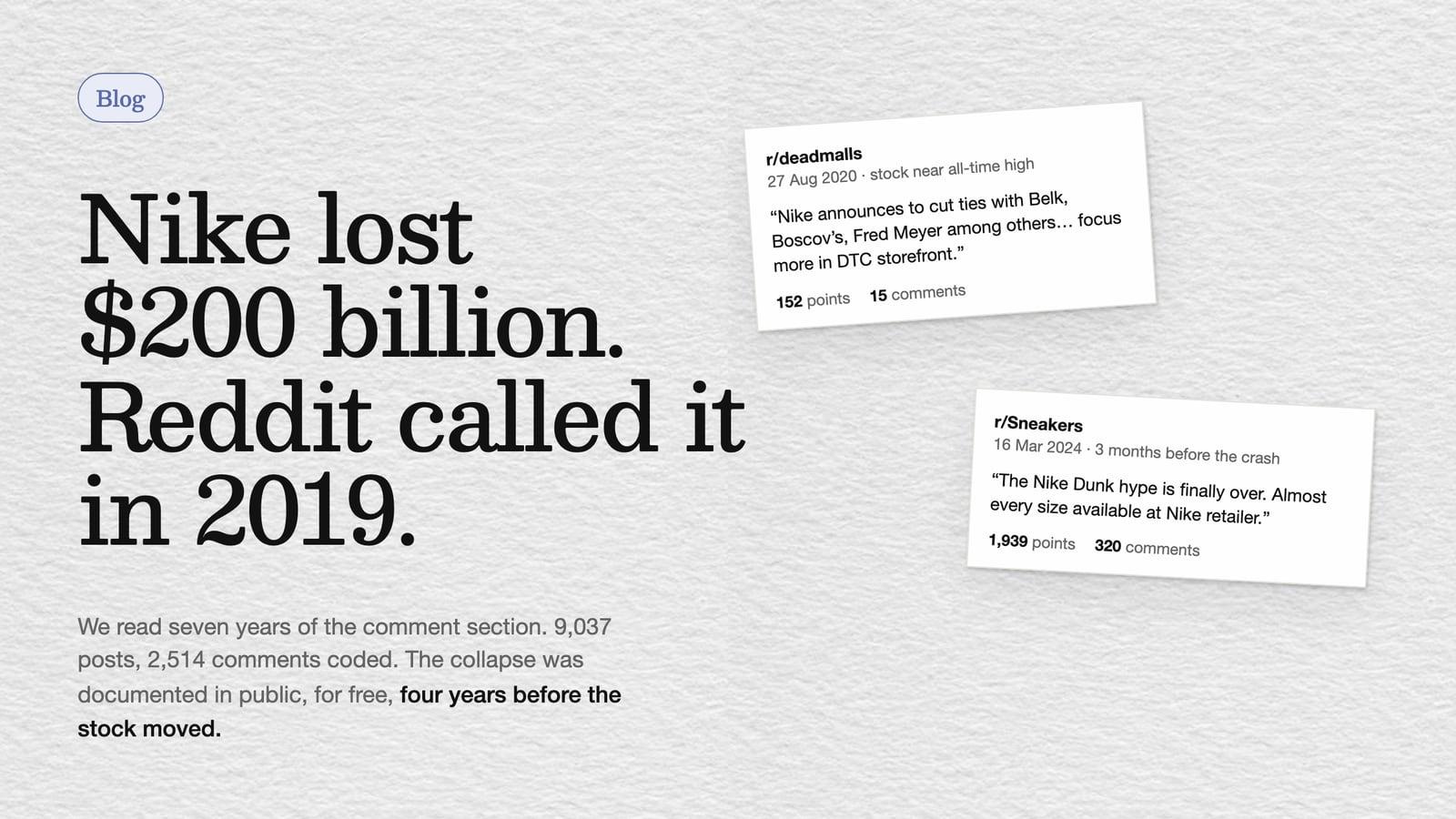 Blog cover: the headline Nike lost $200 billion, Reddit called it in 2019, beside two real Reddit posts from 2020 and 2024 predicting the collapse