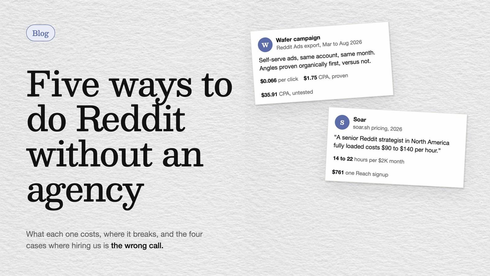 Cover: five ways to do Reddit without an agency, with Wafer campaign and Soar pricing figures on paper cards