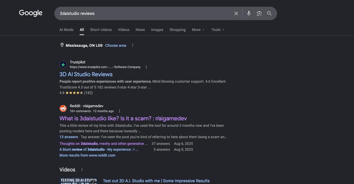 Google page one for the 3D AI Studio reviews search