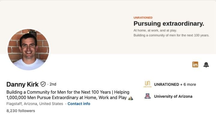 LinkedIn profile header for Danny Kirk, showing their banner, portrait, name and professional headline.