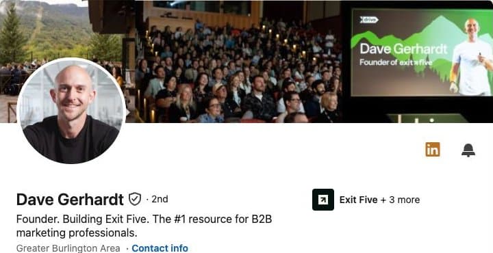 LinkedIn profile header for Dave Gerhardt, showing their banner, portrait and professional headline.