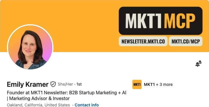 LinkedIn profile header for Emily Kramer, showing their banner, portrait and professional headline.