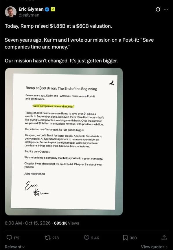 Screenshot of Eric Glyman’s X post, showing the original author, post content, publication date and visible engagement.