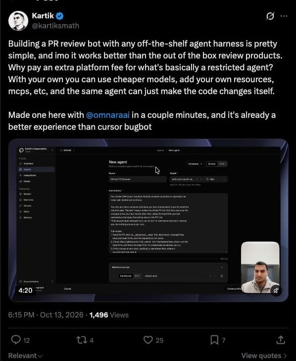 Screenshot of Kartik Sarangmath’s X post, showing the original author, post content, publication date and visible engagement.