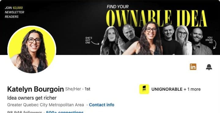 LinkedIn profile header for Katelyn Bourgoin, showing their banner, portrait and professional headline.
