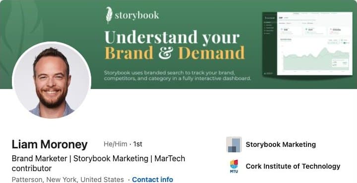 LinkedIn profile header for Liam Moroney, showing their banner, portrait and professional headline.