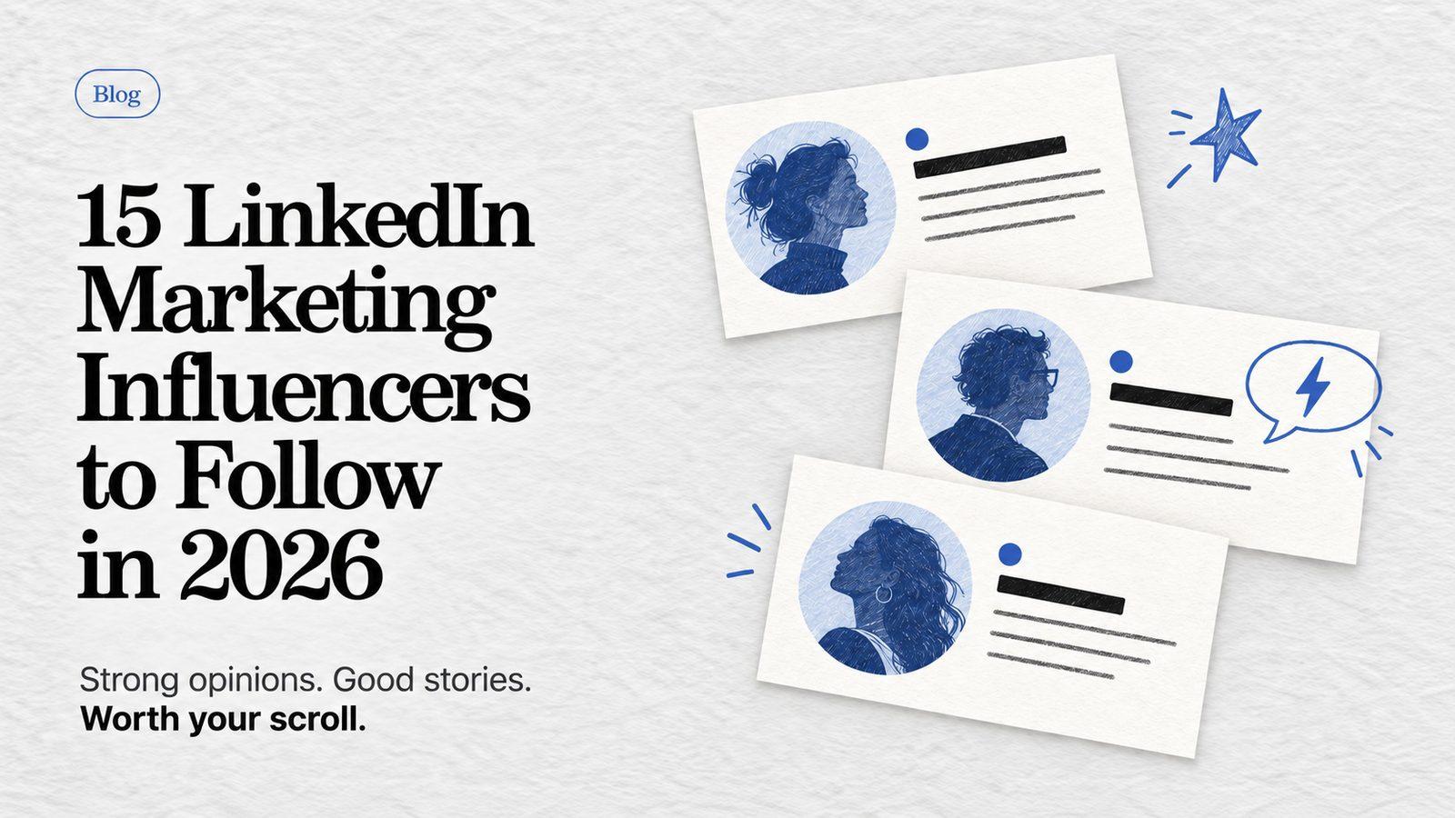 Three blue illustrated profile cards on textured paper beside an editorial headline and the subhead Strong opinions. Good stories. Worth your scroll.