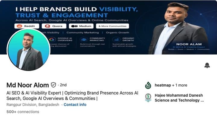 LinkedIn profile header for Md Noor Alom, showing their banner, portrait, name and professional headline.