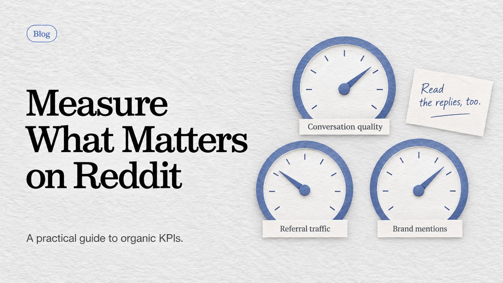 Three gauges represent organic Reddit KPIs: conversation quality, referral traffic and brand mentions.