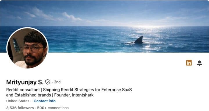 LinkedIn profile header for Mrityunjay Saini, showing their banner, portrait, name and professional headline.