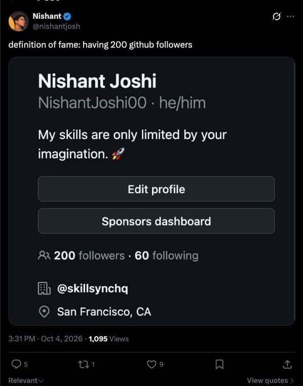 Screenshot of Nishant Joshi’s X post, showing the original author, post content, publication date and visible engagement.