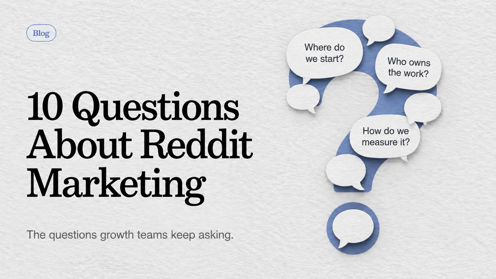 A large question mark contains common Reddit marketing questions about starting, ownership and measurement.