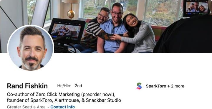 LinkedIn profile header for Rand Fishkin, showing their banner, portrait and professional headline.