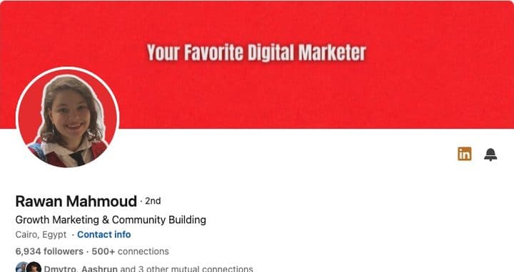 LinkedIn profile header for Rawan Mahmoud, showing their banner, portrait, name and professional headline.