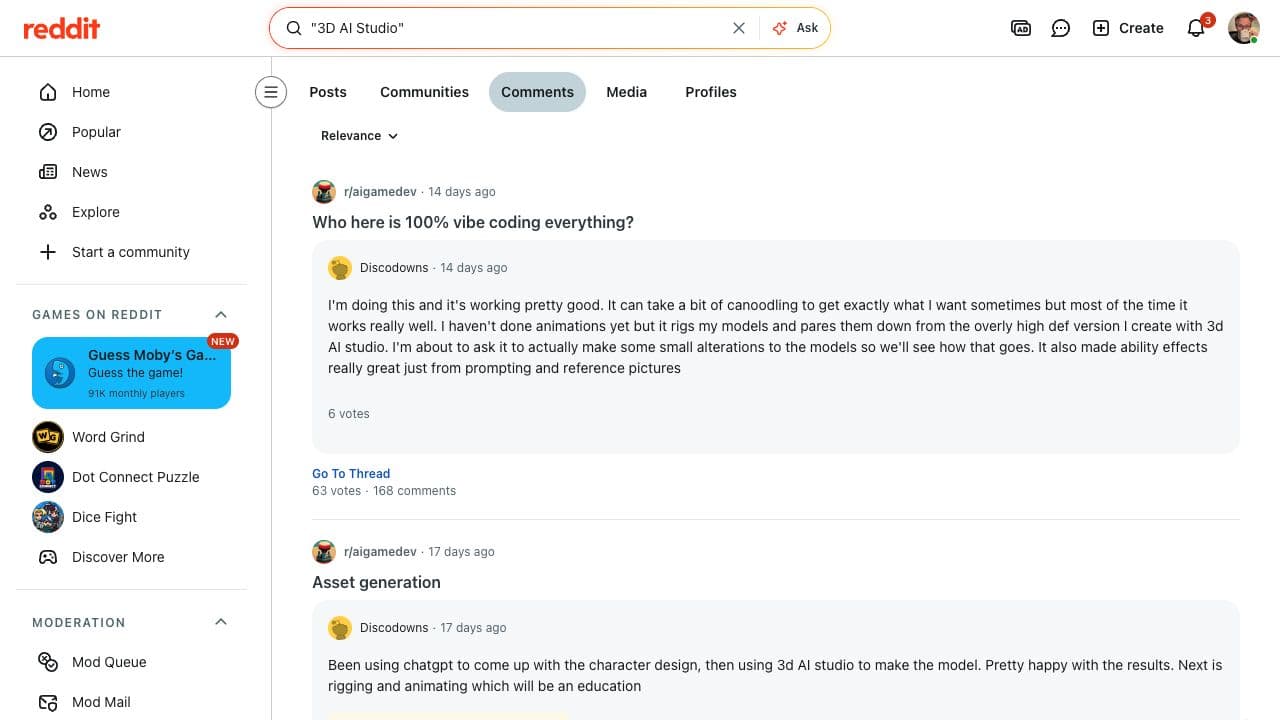 Reddit search for 3D AI Studio with the Comments tab selected, showing mentions inside discussions.