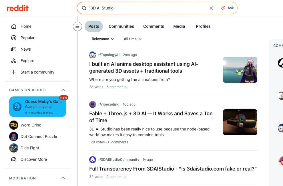 Reddit search for 3D AI Studio with Posts selected, showing matching discussions and the sorting controls.