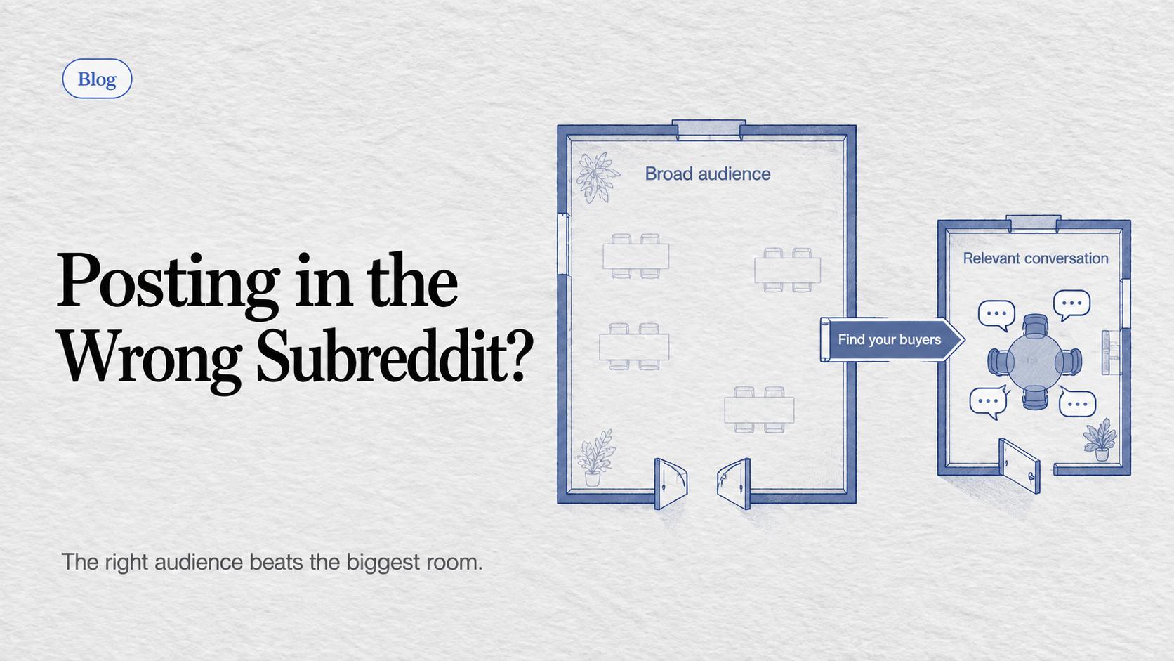 A large quiet room contrasts with a smaller room of relevant conversations, illustrating how to find the right subreddit.