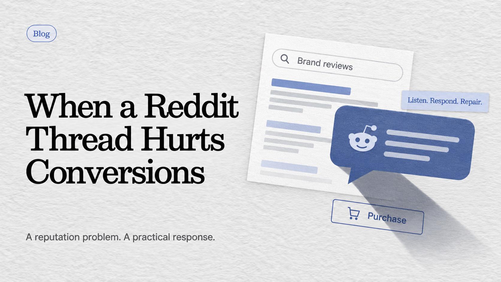 A Reddit discussion casts a shadow over a purchase button, illustrating how a reputation problem can affect conversions.