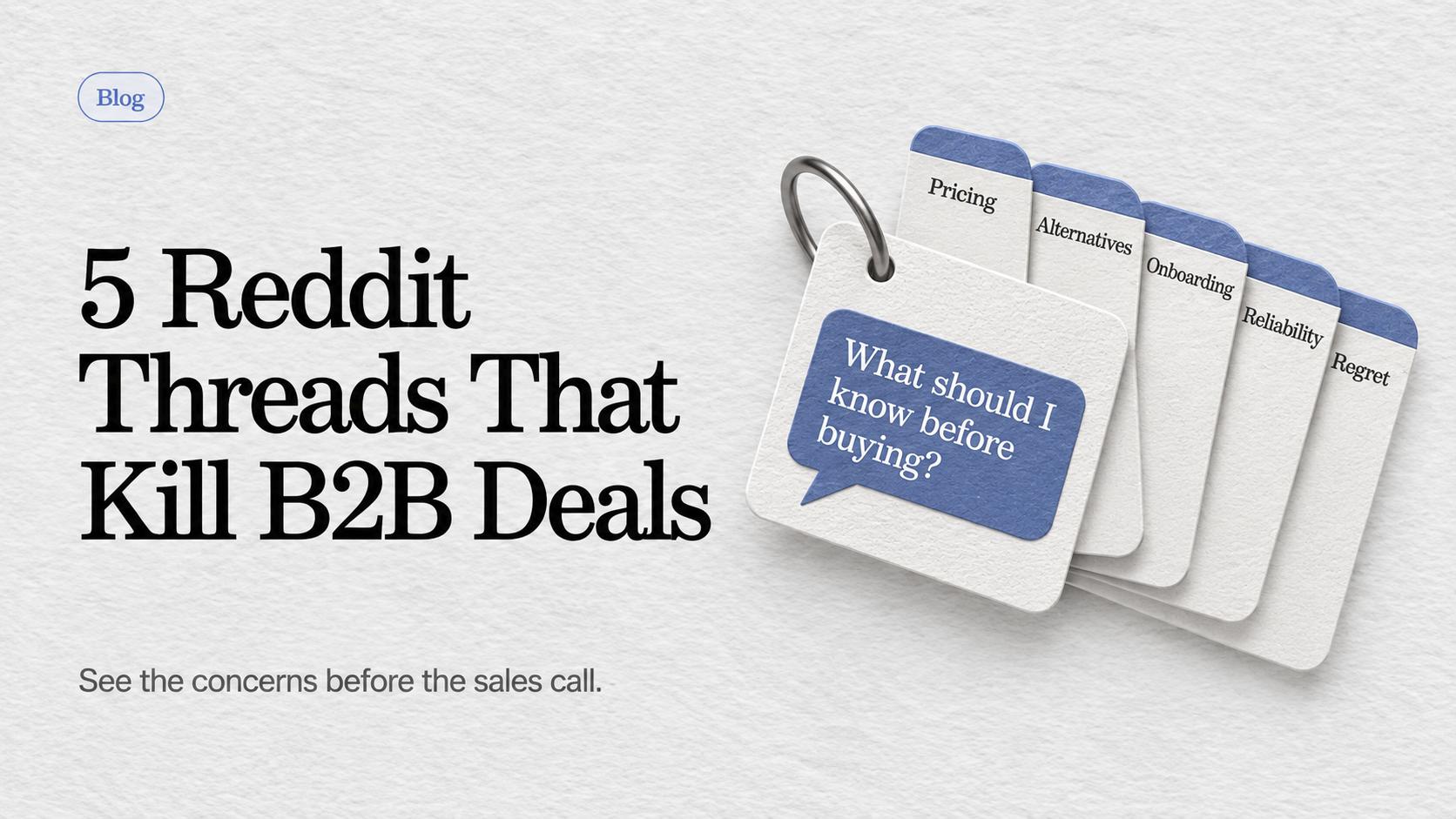 Five Reddit thread topics that can affect B2B deals: pricing, alternatives, onboarding, reliability and regret.