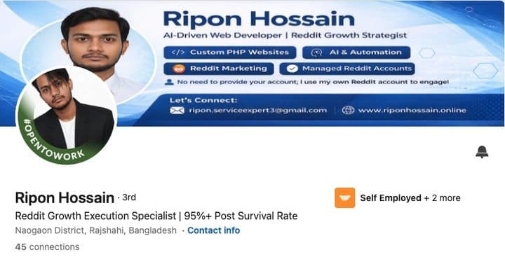 LinkedIn profile header for Ripon Hossain, showing their banner, portrait, name and professional headline.
