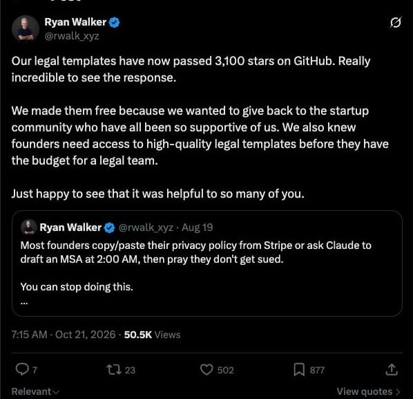 Screenshot of Ryan Walker’s X post, showing the original author, post content, publication date and visible engagement.