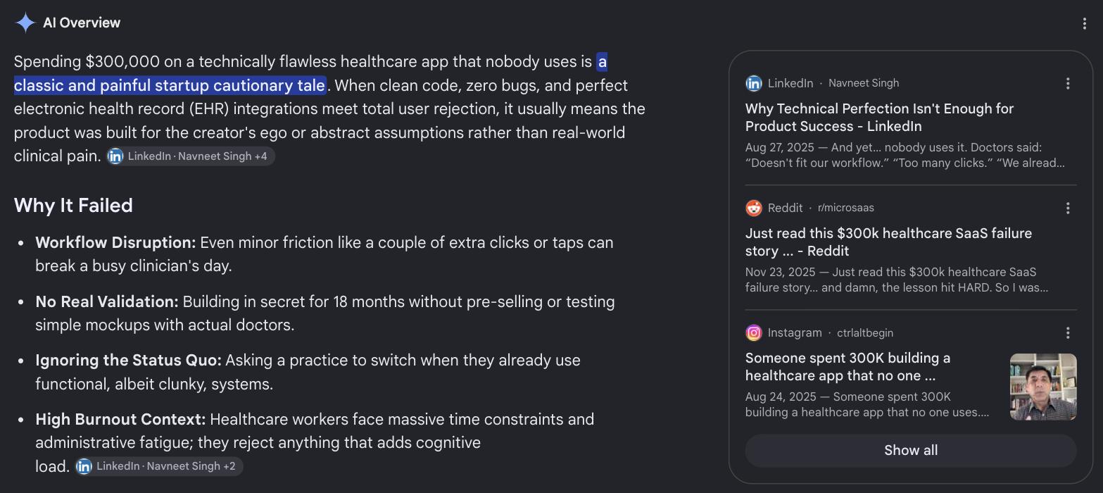 Google AI Overview calling the post a classic and painful startup cautionary tale, citing LinkedIn, Reddit and Instagram retellings