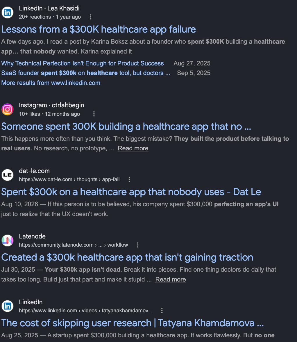 Google results retelling the post: LinkedIn lessons threads, an Instagram video, blog post-mortems, community breakdowns and a LinkedIn video on skipping user research