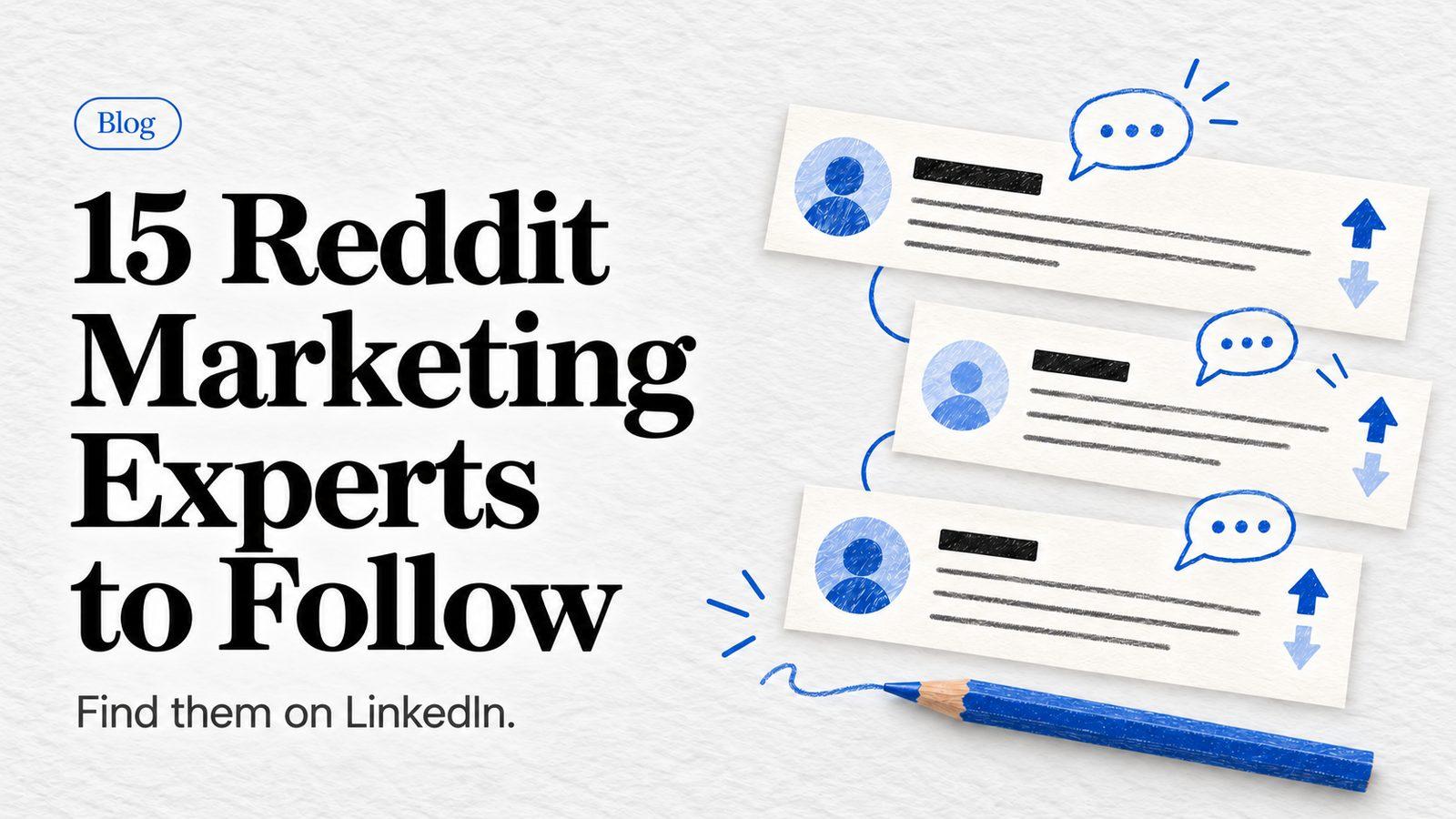 Large black serif headline arranged across four spacious lines beside blue illustrated comment cards, upvote arrows, speech bubbles and a pencil on textured white paper.