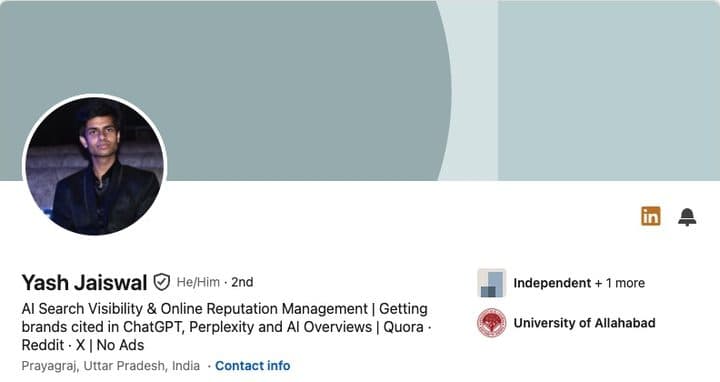 LinkedIn profile header for Yash Jaiswal, showing their banner, portrait, name and professional headline.